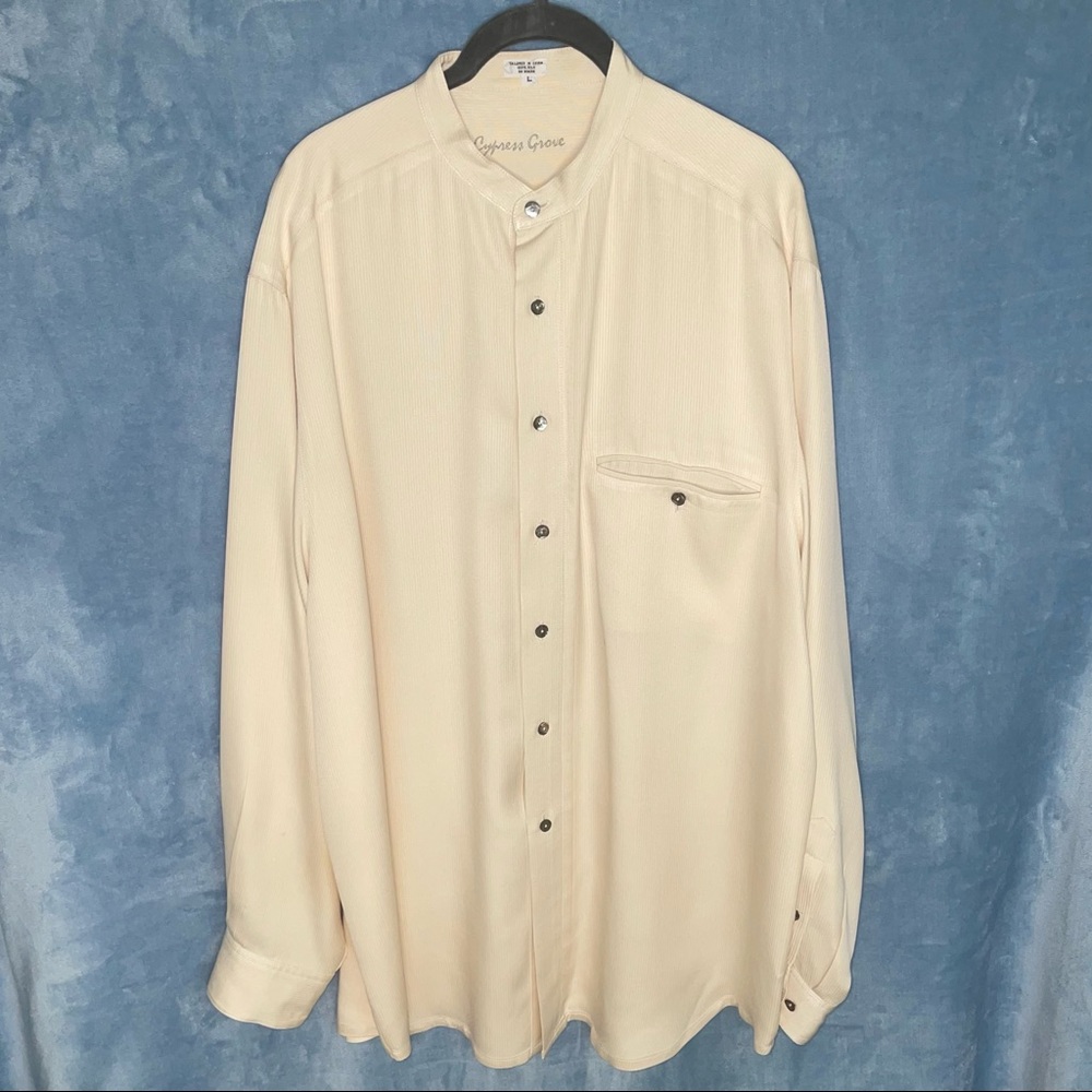 EUC vtg Cypress Grove silk banded-collar mother-of-pearl button-front shirt - Picture 1 of 5